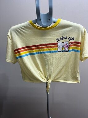 MTV Yellow Crop Tie-Front Tee with Retro Stripes